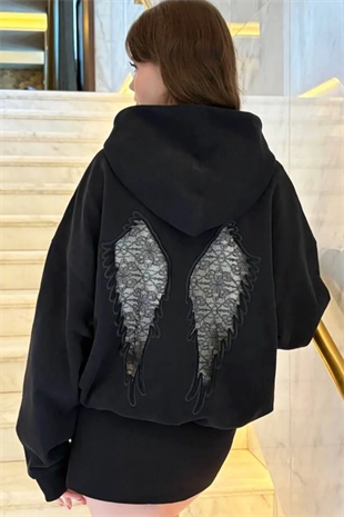 Siyah Wings Sırt Dantel Detaylı Oversize Sweatshirt