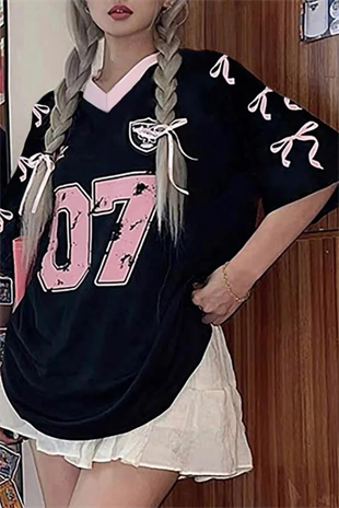 Siyah Y2k Ribbon Ballet Oversize T-Shirt