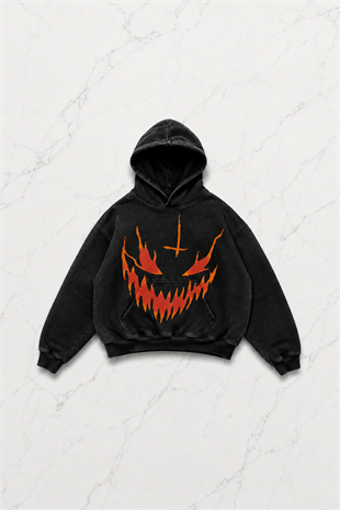 Siyah Yıkamalı Gothic Flame Laugh Kapüşonlu Sweatshirt