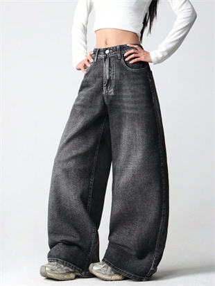 Siyah Yıkamalı Melek Kanatlı Harajuku Y2K Unisex Baggy Pantolon