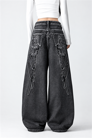 Siyah Yıkamalı Melek Kanatlı Harajuku Y2K Unisex Baggy Pantolon
