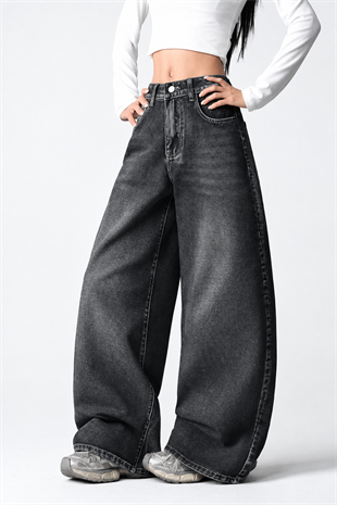 Siyah Yıkamalı Melek Kanatlı Harajuku Y2K Unisex Baggy Pantolon