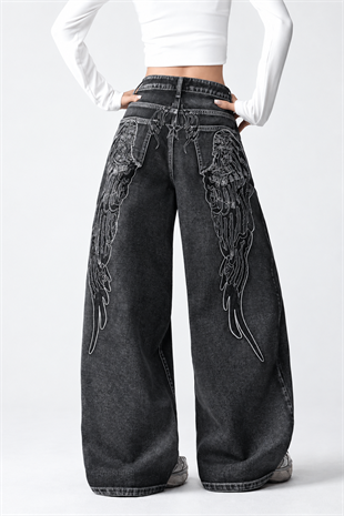 Siyah Yıkamalı Melek Kanatlı Harajuku Y2K Unisex Baggy Pantolon
