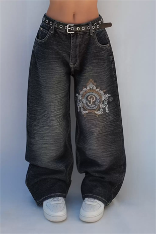 Siyah Yıkamalı P Patchli Vintage Baggy Y2K Pantolon