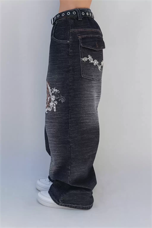Siyah Yıkamalı P Patchli Vintage Baggy Y2K Pantolon
