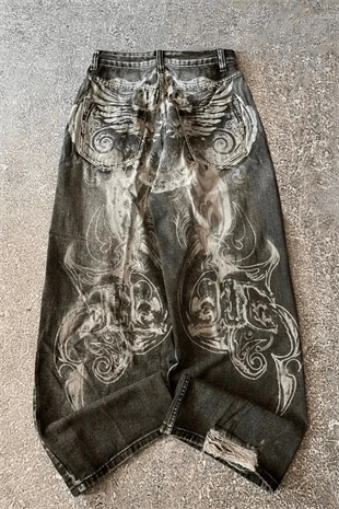 Siyah Yıkamalı Shadow Spine Yırtık Detaylı Gotik Y2K Unisex Baggy Pantolon