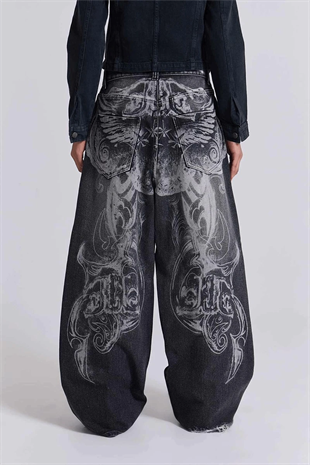 Siyah Yıkamalı Shadow Spine Yırtık Detaylı Gotik Y2K Unisex Baggy Pantolon