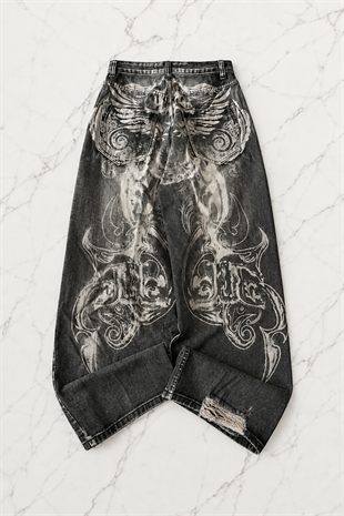 Siyah Yıkamalı Shadow Spine Yırtık Detaylı Gotik Y2K Unisex Baggy Pantolon