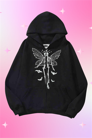 Skeleton Heart Siyah Kapüşonlu Oversize Unisex Hırka