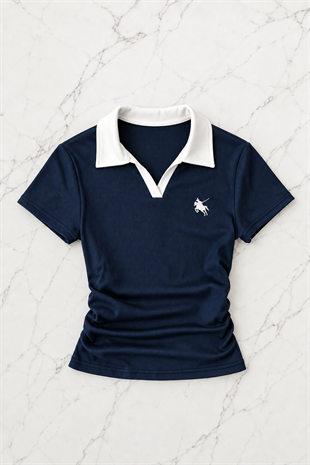Solo Polo Yaka Lacivert Beyaz Yakalı Bluz