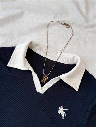 Solo Polo Yaka Lacivert Beyaz Yakalı Bluz