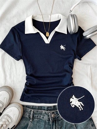 Solo Polo Yaka Lacivert Beyaz Yakalı Bluz