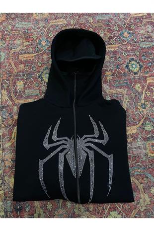 Spider Parıltılı Taş Detaylı Maskeli Hırka