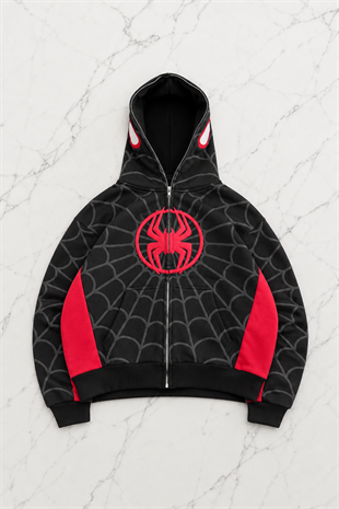 Spider Web Black Kabartma Baskılı Full Zip Hırka ( 3 İplik )