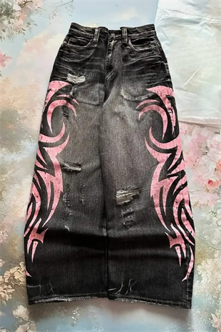 Split Tribal Desenli Pembe Baggy Unisex Jean