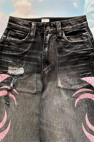 Split Tribal Desenli Pembe Baggy Unisex Jean