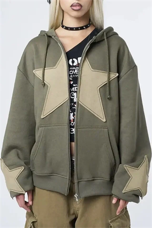 Star Detail Şardonlu Haki Oversize Hırka