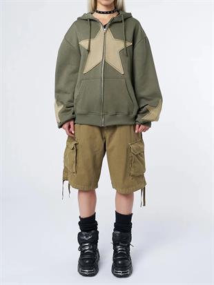 Star Detail Şardonlu Haki Oversize Hırka