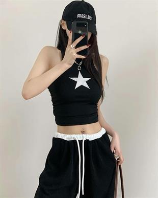 Star Detail Siyah Crop Top