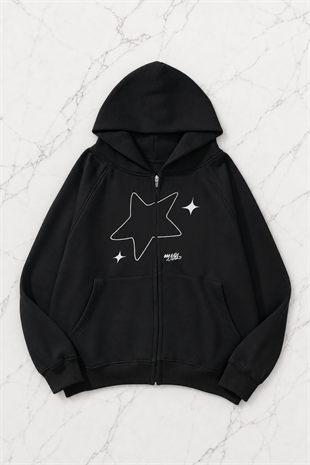 Star Galaxy Siyah Kapüşonlu Oversize Unisex Hırka