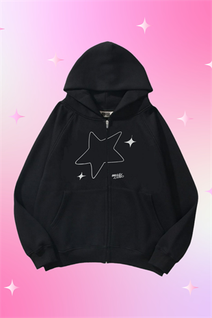 Star Galaxy Siyah Kapüşonlu Oversize Unisex Hırka