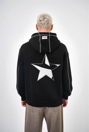 3 İplik Şardonlu Star Nıght Siyah Nakışlı Oversize Kapüşonlu Sweatshirt