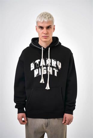 3 İplik Şardonlu Star Nıght Siyah Nakışlı Oversize Kapüşonlu Sweatshirt