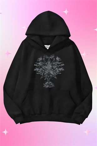 Star V8 Siyah Kapüşonlu Oversize Unisex Sweatshirt