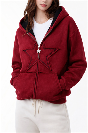 Star Washed Bordo Unisex Oversize Zip Hoodie