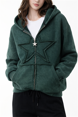 Star Washed Yeşil Unisex Oversize Zip Hoodie