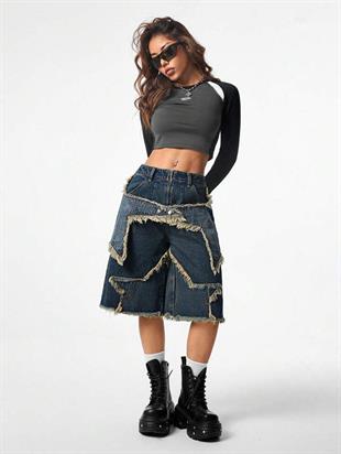Stars Patch Detaylı Kot Pantolon Kadın Şort 