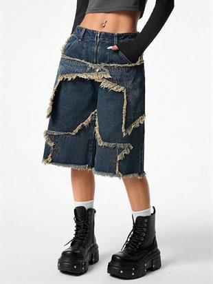 Stars Patch Detaylı Kot Pantolon Kadın Şort 