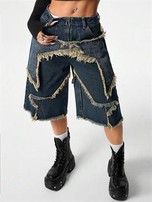 Stars Patch Detaylı Kot Pantolon Kadın Şort 