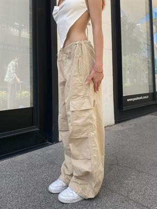 Streetwear Baggy Kargo Cepli Beli Lastikli Krem Renk Unisex Salaş Pantolon