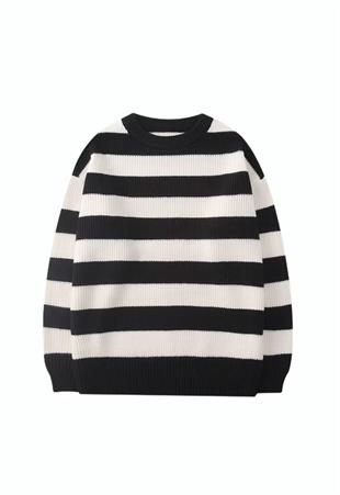 Streetwear Casual Siyah Beyaz Çizgili Oversize Unisex Triko Kazak