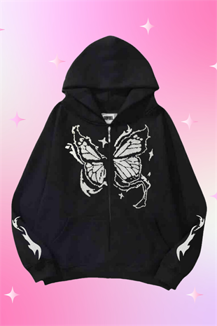 The Butterfly Siyah Kapüşonlu Oversize Unisex Hırka
