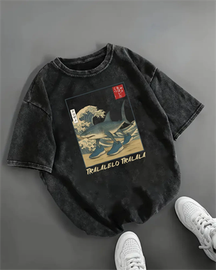 Tralalero Tralala Baskılı Yıkamalı Vintage Unisex Oversize T-Shirt