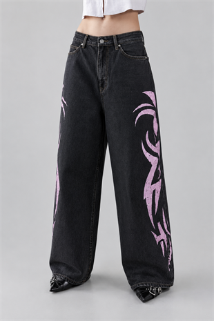 Tribal Desenli Pembe Yıkamalı Jean
