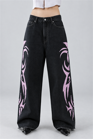 Tribal Desenli Pembe Yıkamalı Jean
