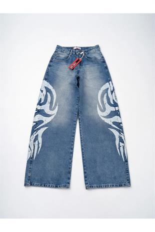 Tribal Detaylı Blue Unisex Baggy Jean