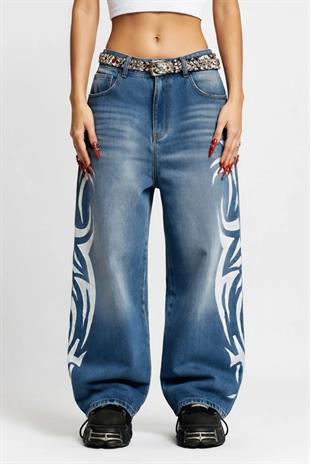 Tribal Detaylı Blue Unisex Baggy Jean