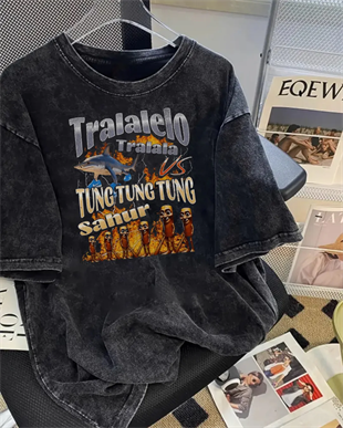 Tung Tung Tung Sahur vs Tralalero Tralala Baskılı Yıkamalı Vintage Unisex Oversize T-Shirt