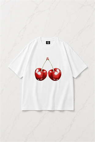 Unisex Cherry Tshirt Beyaz