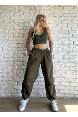 Unisex Haki Yeşil Tactical Baggy Bol Kalıp Bel Lastikli Oversize Pantolon