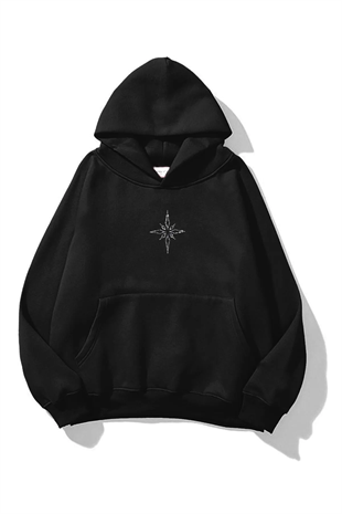 Unisex Pusula Taş Baskılı Sweatshirt Siyah