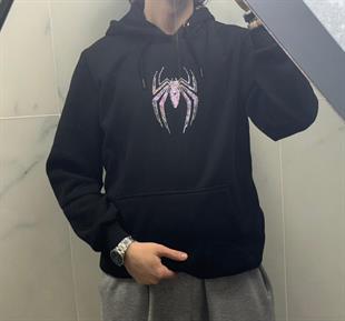 Unisex Spiderman Taş Baskılı Sweatshirt Siyah