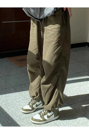 Unisex Tactical Baggy Haki Yeşil Paraşüt Kumaş Ayarlanabilir Bel Bol Pantolon