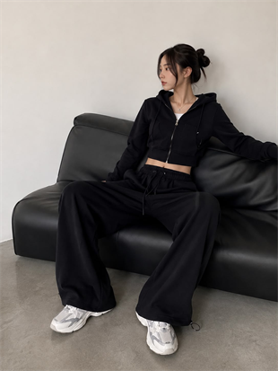 Urban Siyah Crop Hoodie Eşofman Takımı