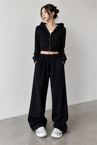 Urban Siyah Crop Hoodie Eşofman Takımı
