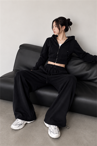 Urban Siyah Crop Hoodie Eşofman Takımı